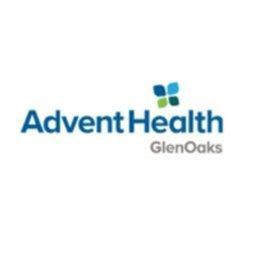 Advent Health GlenOaks logo: blue text and a blue/green four-petal flower icon.