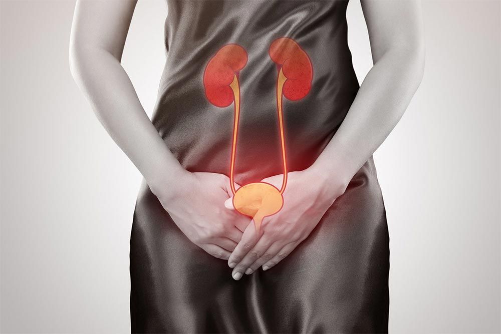 Woman holding groin; highlighted urinary tract, kidneys and bladder depicted in red and orange.