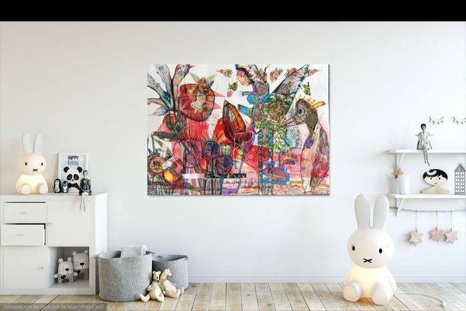 Abstract aquarelschilderij met levendige kleuren en gelaagde vormen.