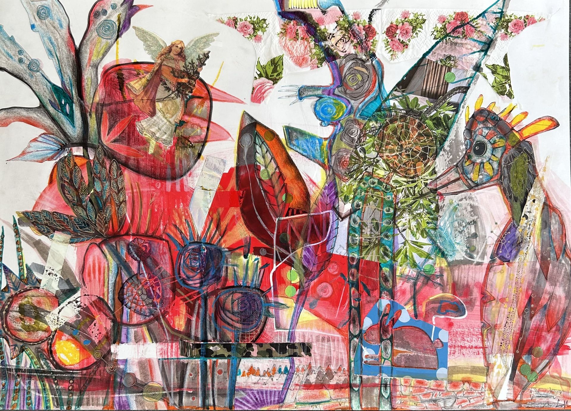 Abstract aquarelschilderij met levendige kleuren en gelaagde vormen.