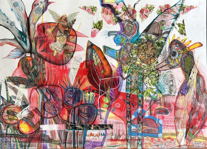 Abstract aquarelschilderij met levendige kleuren en gelaagde vormen.