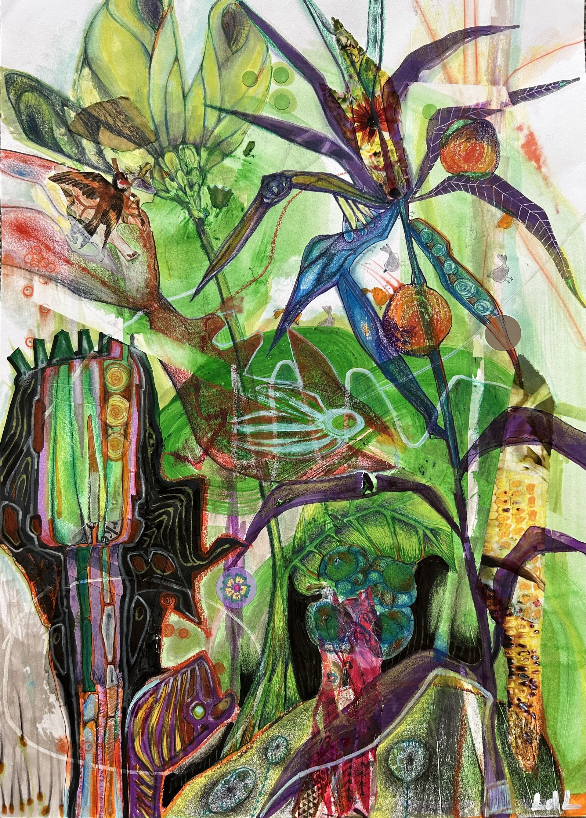 Abstracte aquarel van bloemen met groene, blauwe en gele tinten.