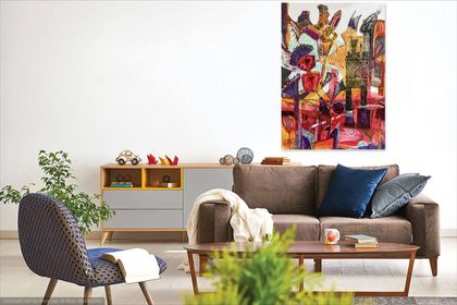 Abstract kunstwerk met rode, oranje en paarse tinten. Bloemen en geometrische vormen vullen de compositie.