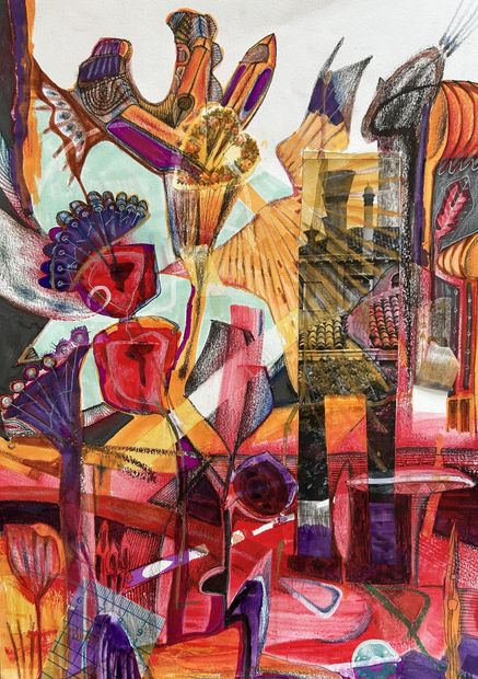 Abstract kunstwerk met rode, oranje en paarse tinten. Bloemen en geometrische vormen vullen de compositie.