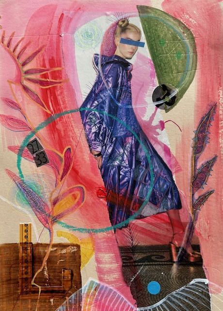 Abstracte aquarel van bloemen met groene, blauwe en gele tinten.