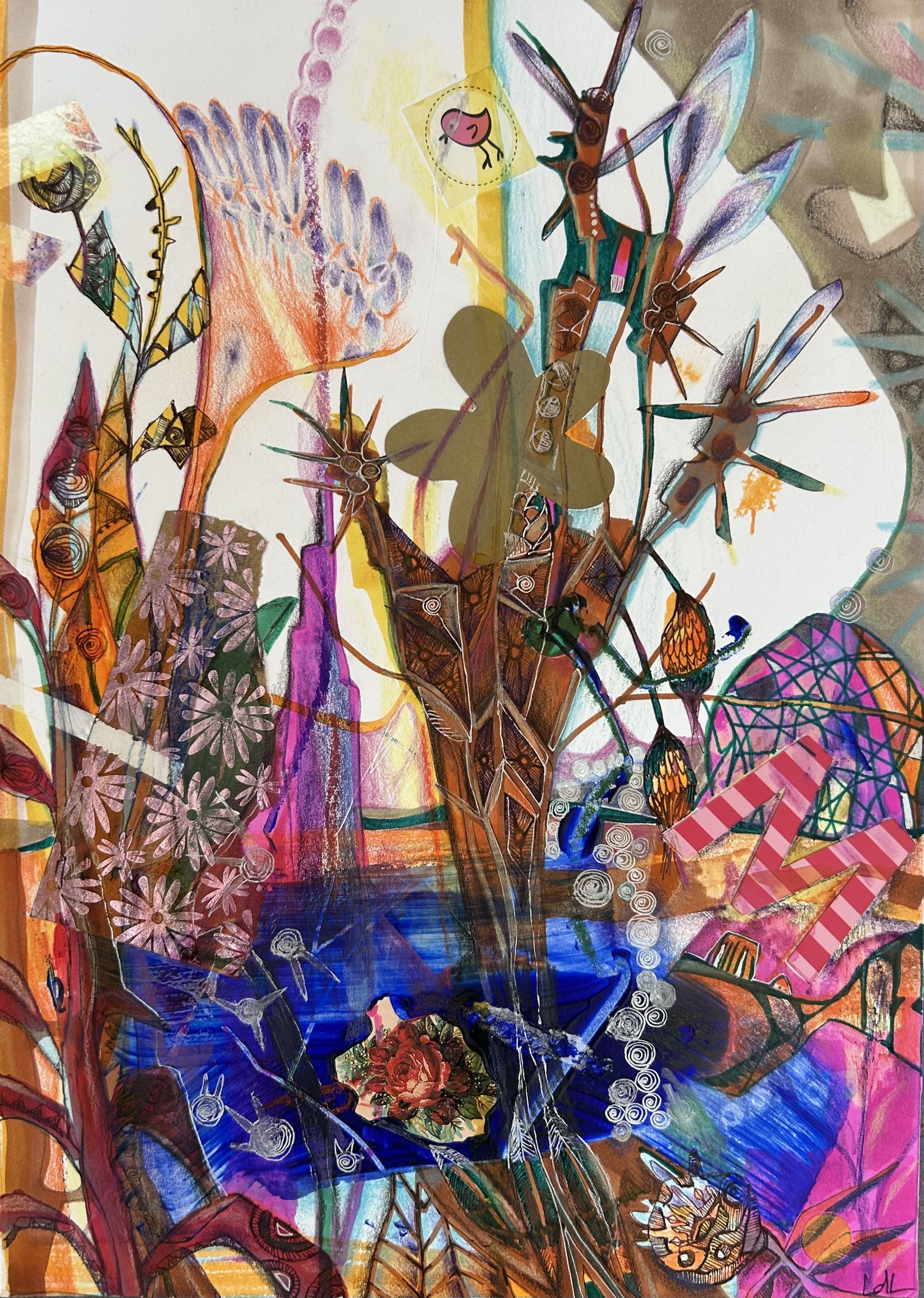 Abstracte collage met vogels, gebouwen en kleurrijke patronen.