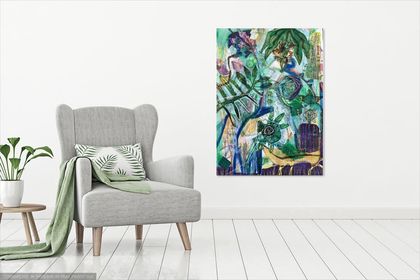 Abstract bloemenschilderij in groen, blauw en paars. Bladeren, bloemblaadjes en wervelingen zijn door het hele kunstwerk heen verwerkt.