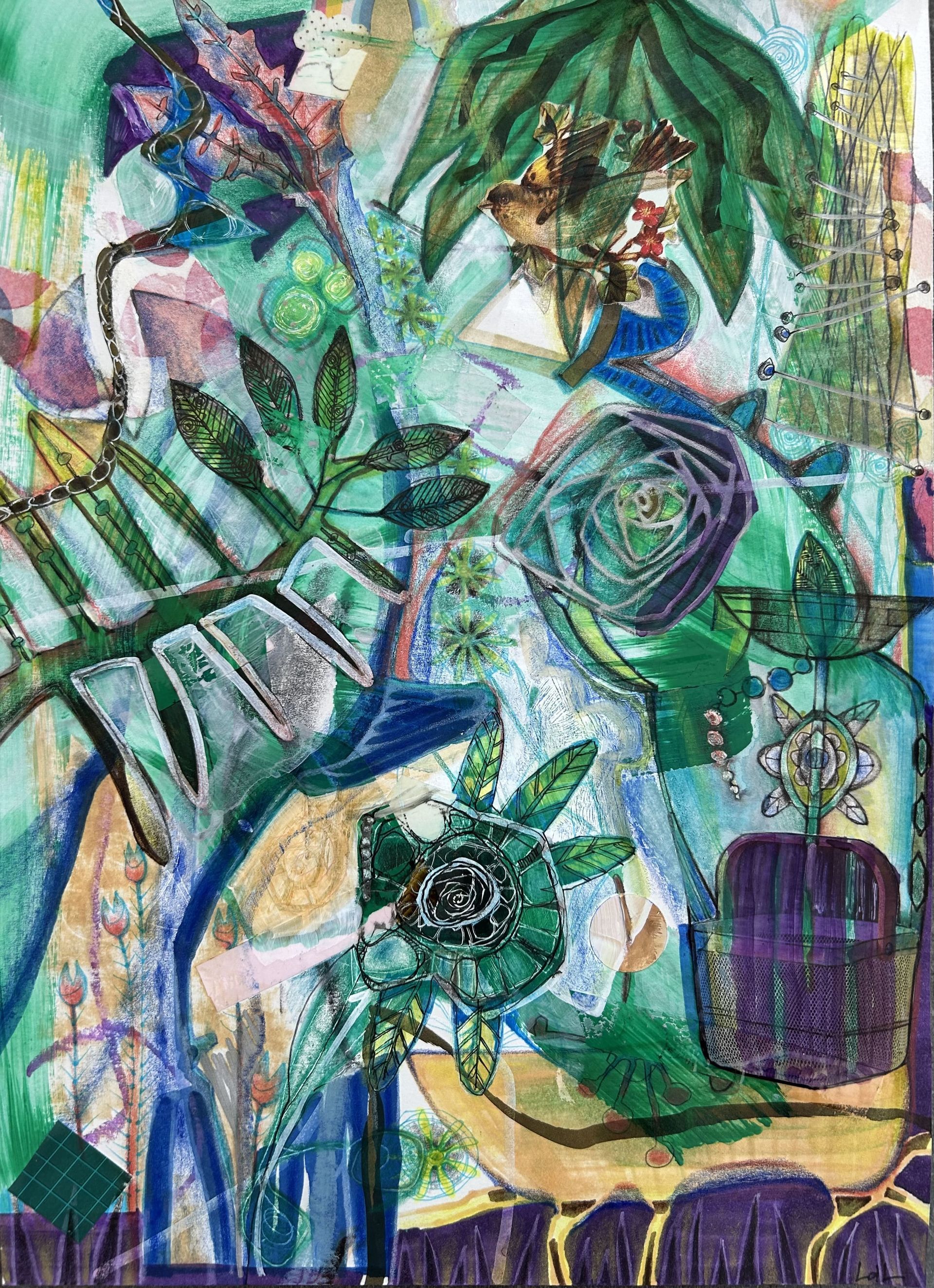 Abstract bloemenschilderij in groen, blauw en paars. Bladeren, bloemblaadjes en wervelingen zijn door het hele kunstwerk heen verwerkt.