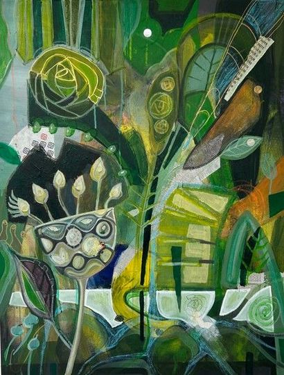 Abstracte botanische schildering in groen en geel met gelaagde bladeren, stengels en cirkelvormige bloemvormen.