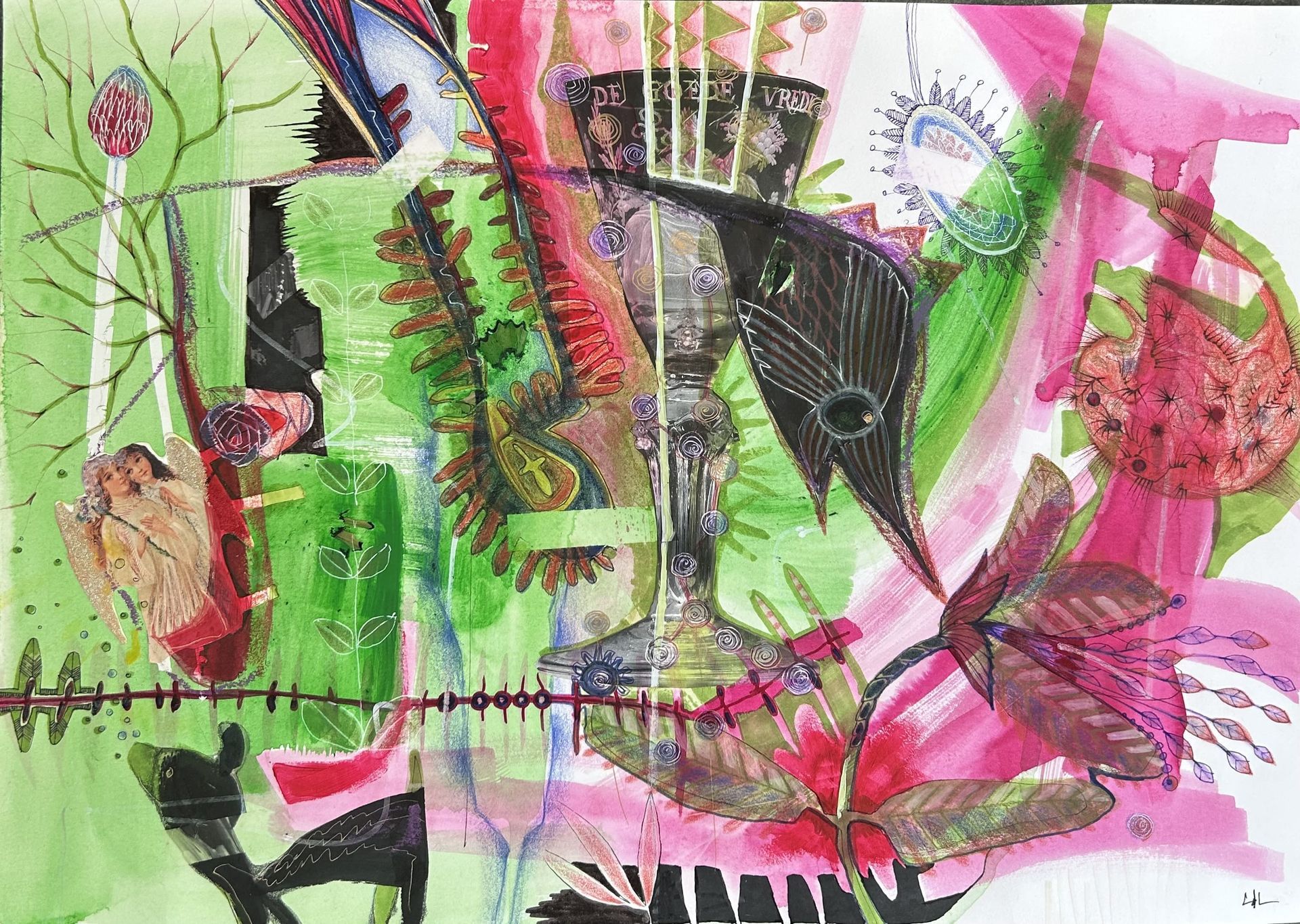 Abstract mixed media kunstwerk in paars, roze en blauw. Met gebouwen, bladeren en cirkels.