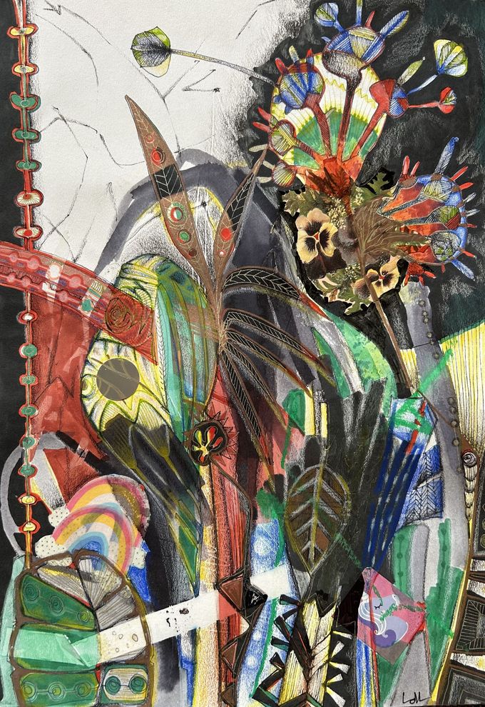 Abstracte kunstwerken met kleurrijke vormen en patronen, bloemen- en geometrische ontwerpen.