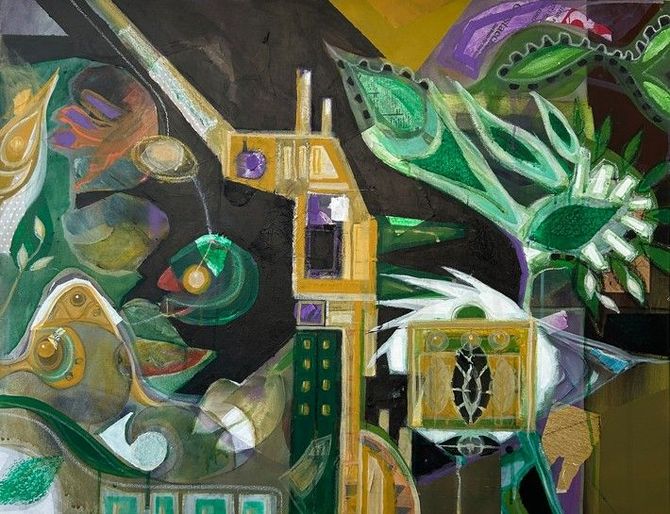 Kleurrijk schilderij met geometrische vormen, groene bladeren en een hoge gele structuur op een donkere achtergrond.