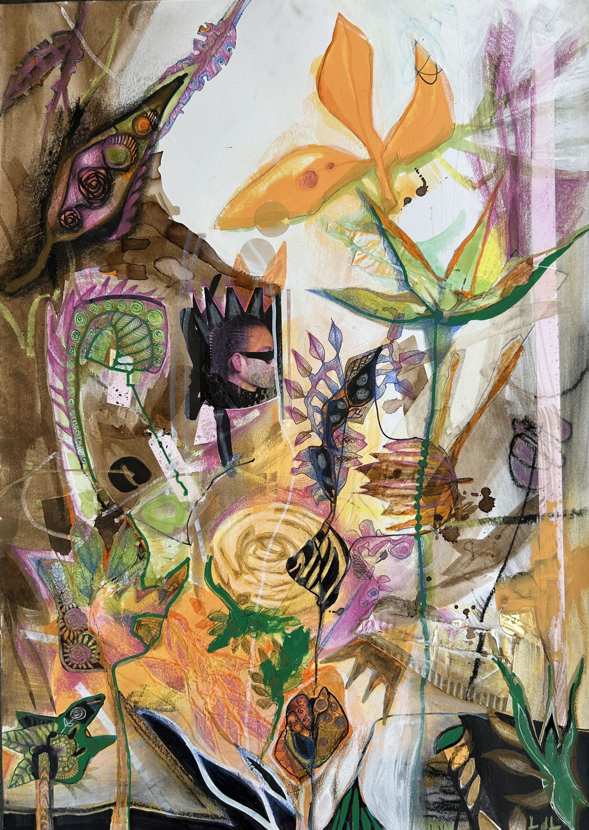 Abstract schilderij van een raam met glas-in-lood; roze, bruin en blauw.