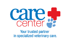 a blue and red logo for care center your trusted partner in specialized veterinary care