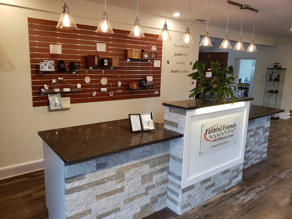 a faithful friends sign hangs above a counter