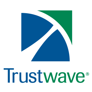 a blue and green trustwave logo on a white background
