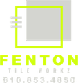 Logo for Fenton Tile Workz with a lime green square around a gray square, gray horizontal lines, and company name and phone number.