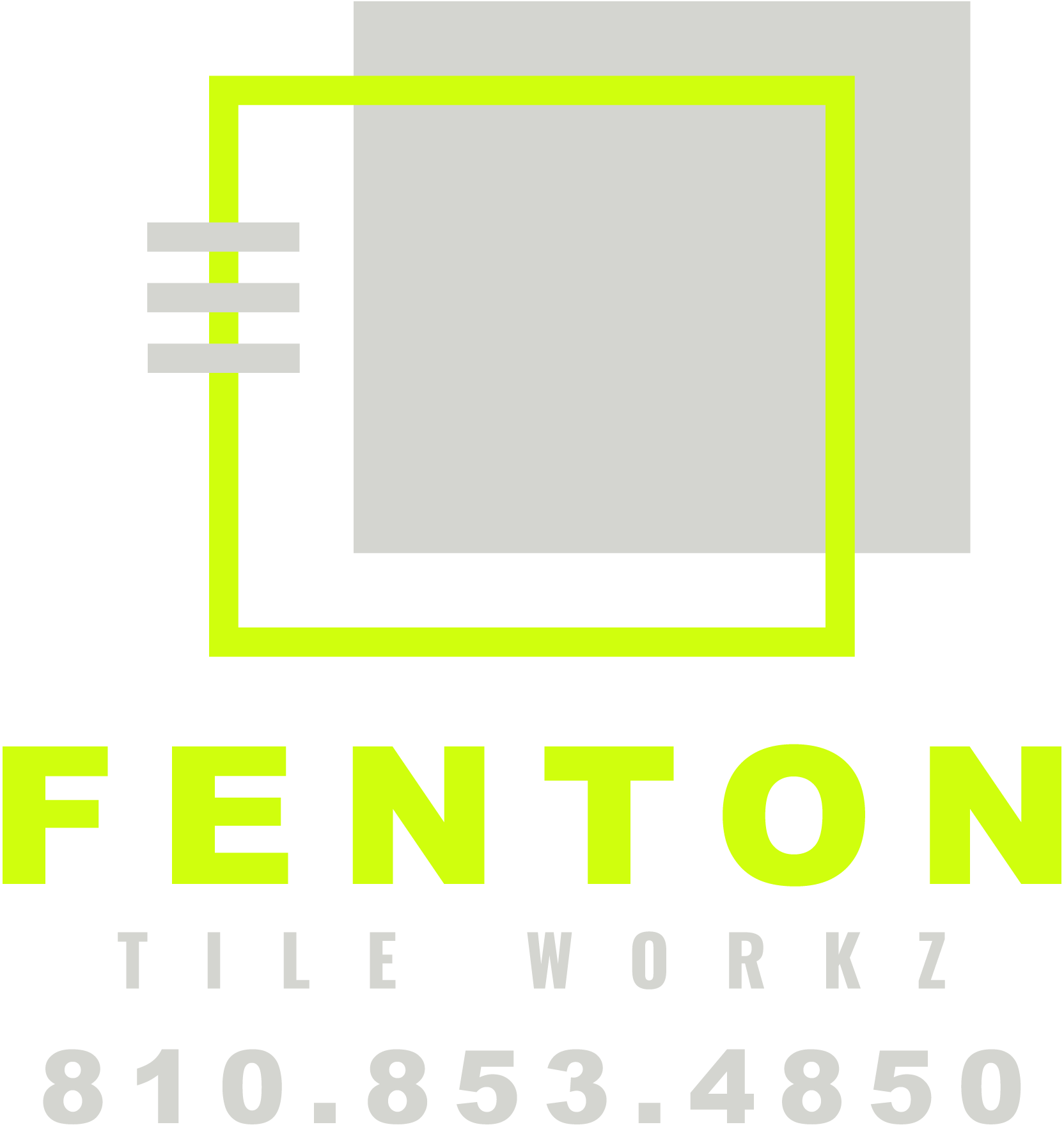 Logo for Fenton Tile Workz with a lime green square around a gray square, gray horizontal lines, and company name and phone number.