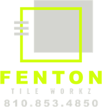 Logo for Fenton Tile Workz with a lime green square around a gray square, gray horizontal lines, and company name and phone number.