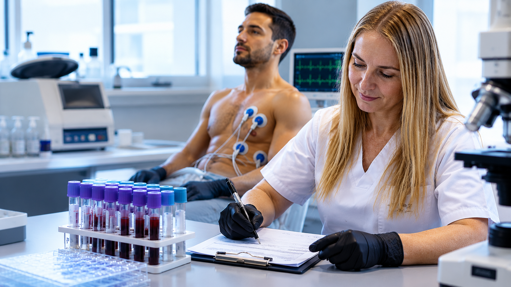Técnico de laboratorio escribiendo en una mesa de laboratorio