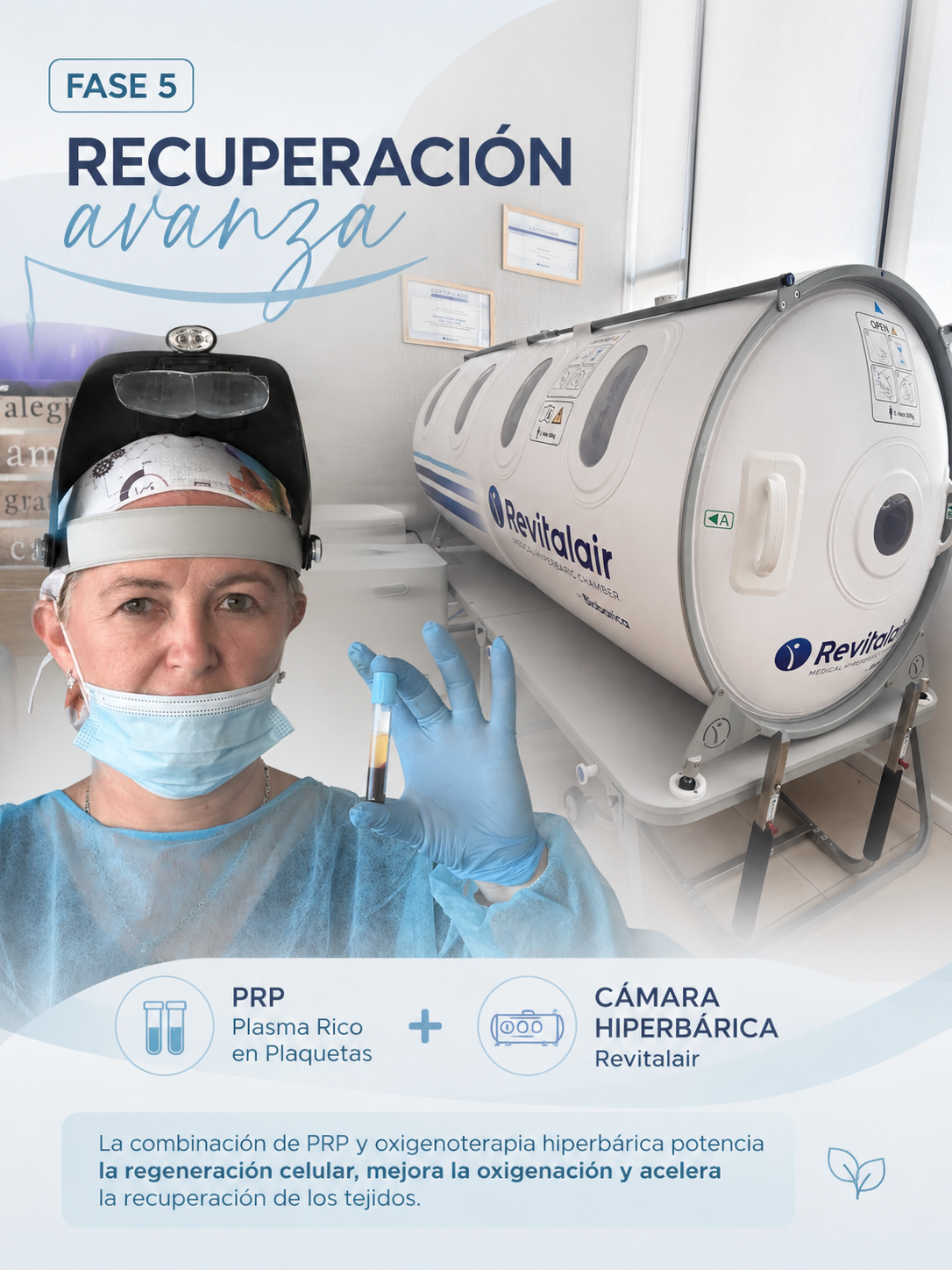 Doctora con mascarilla frente a cámara de hiperbaria en clínica, con texto “Fase 5 Recuperación avanzada”.