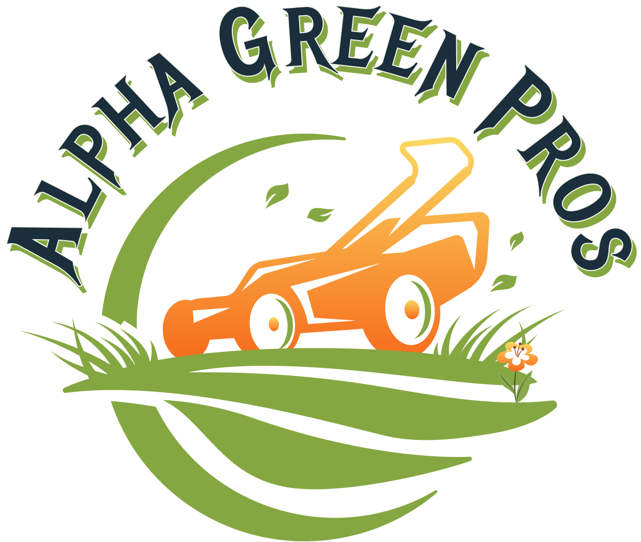 The logo for alpha green pros shows a lawn mower in the grass