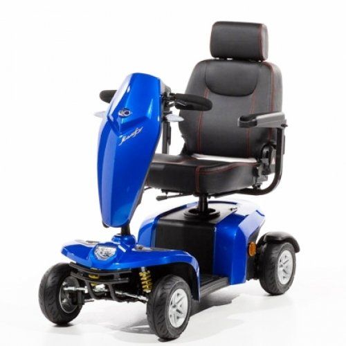 A blue 4-wheel mobility scooter against a white background