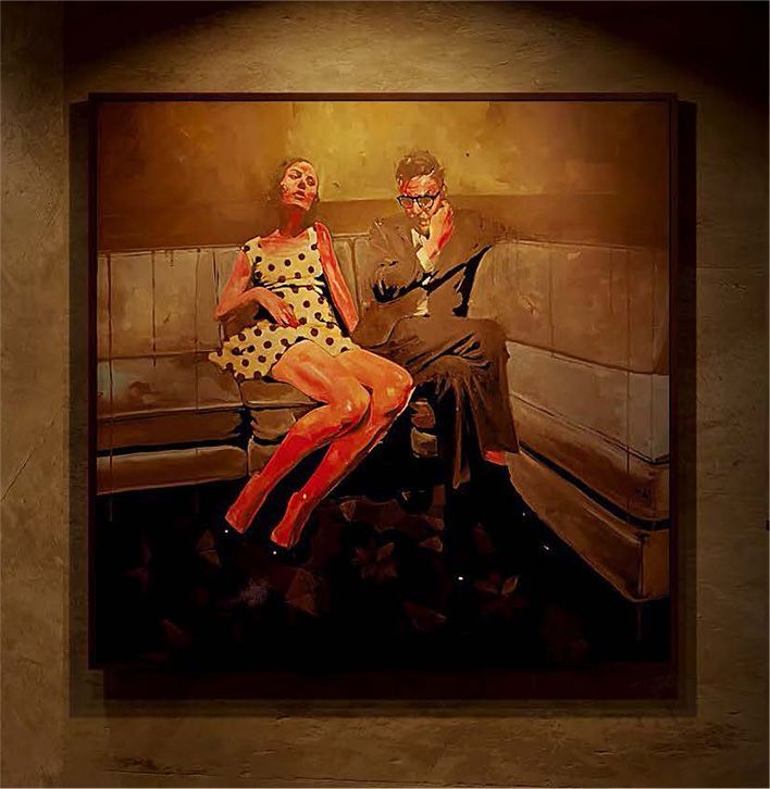 A painting of a man and a woman sitting on a couch