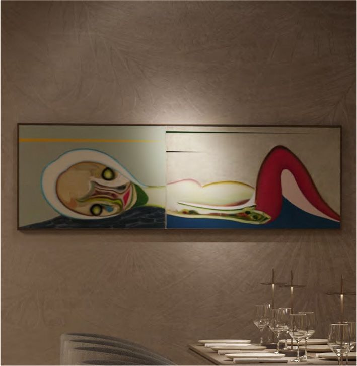 A painting of a woman laying on a table with wine glasses