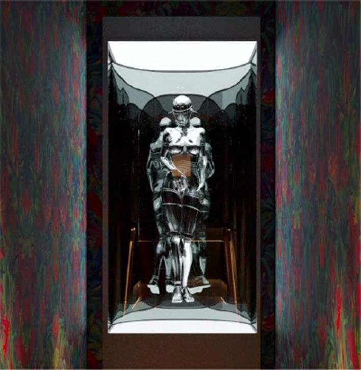 A statue of a man in a suit is hanging on a wall.