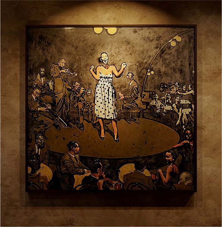 A painting of a woman singing in front of a crowd