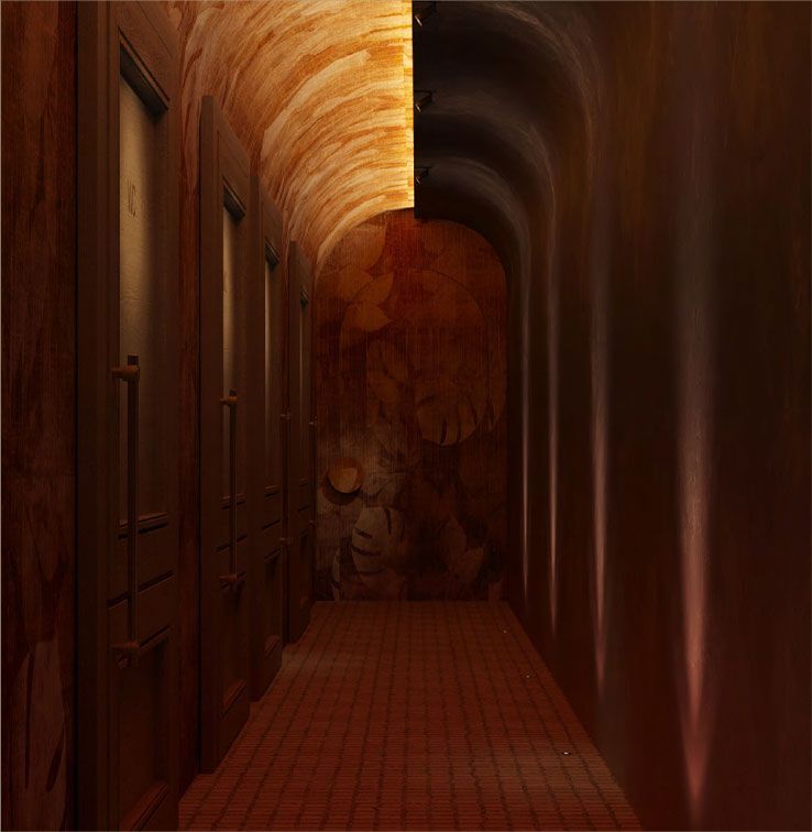 Interior of the Harbour Club Miami showing an arched hallway with a row of doors to private rooms.