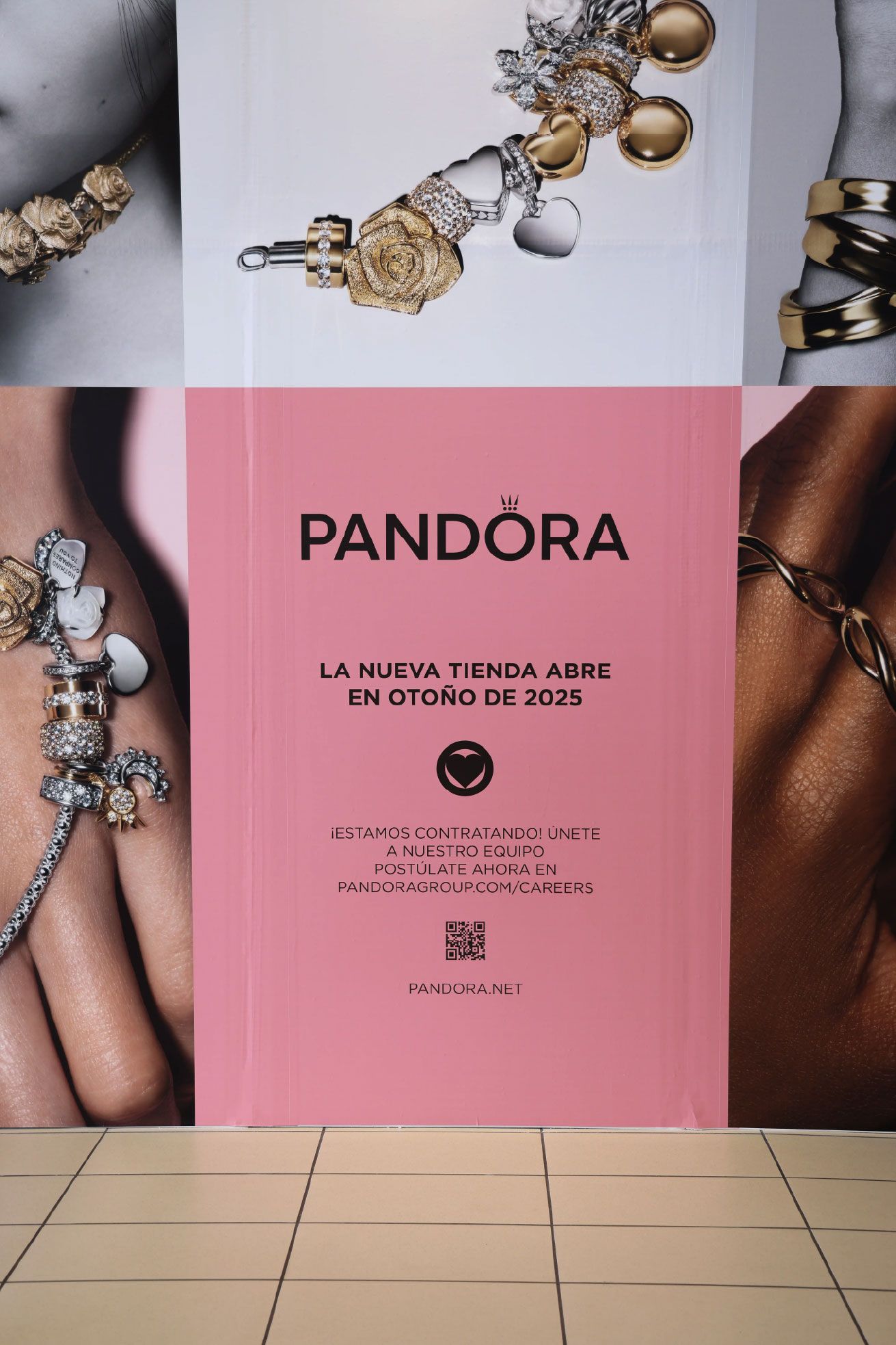 Pandora store advertisement with jewelry visuals and pink sign announcing a new store opening.