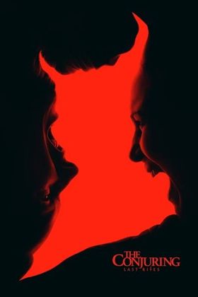 Silhouette of a devil within two people facing each other, with a red backdrop and text “The Conjuring: Last Rites”.