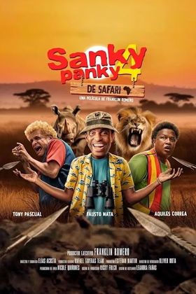 Movie poster: Three men in safari gear, with animals, in a savanna setting. Title: Sanky Panky de Safari.