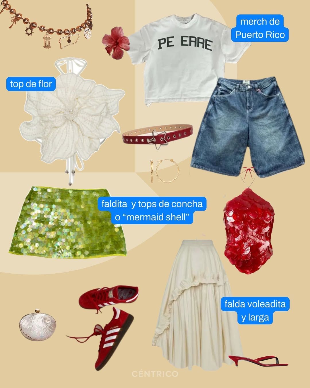 Fashion collage with various clothing items and accessories. Includes a flower top, a sequined skirt, and a long flowing skirt.