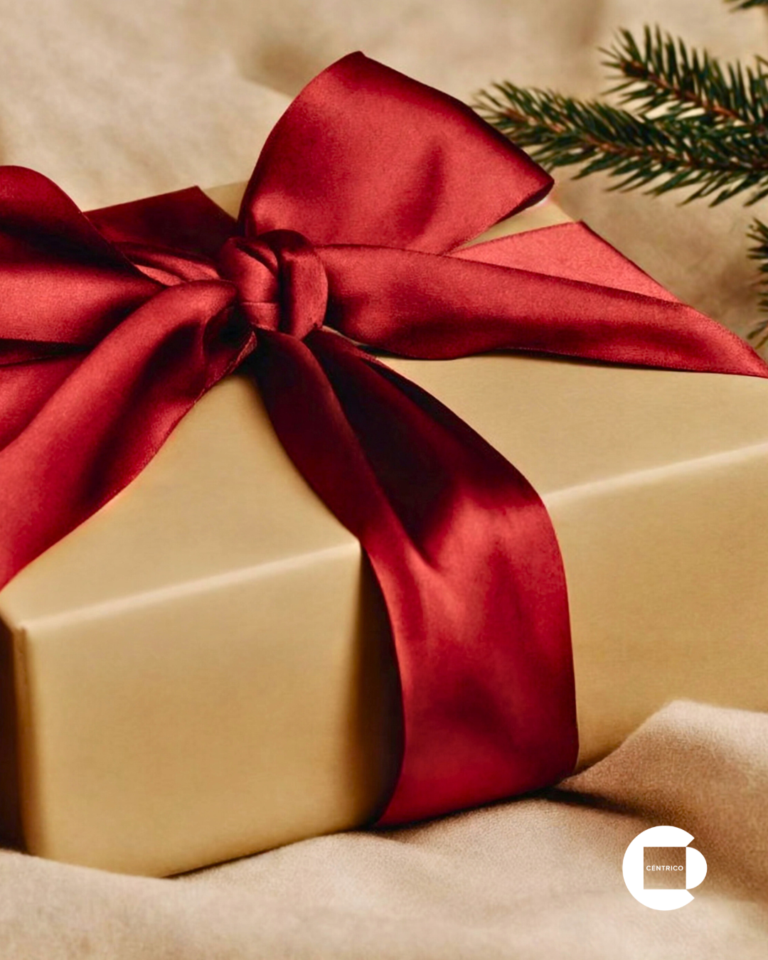 Gift box wrapped in tan paper with a red satin bow, near a pine branch.