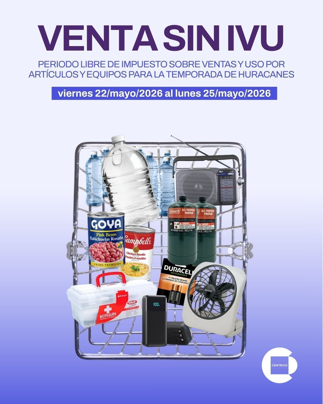Cartel de “venta sin IVA” con canasta de productos básicos y electrodomésticos sobre fondo morado.