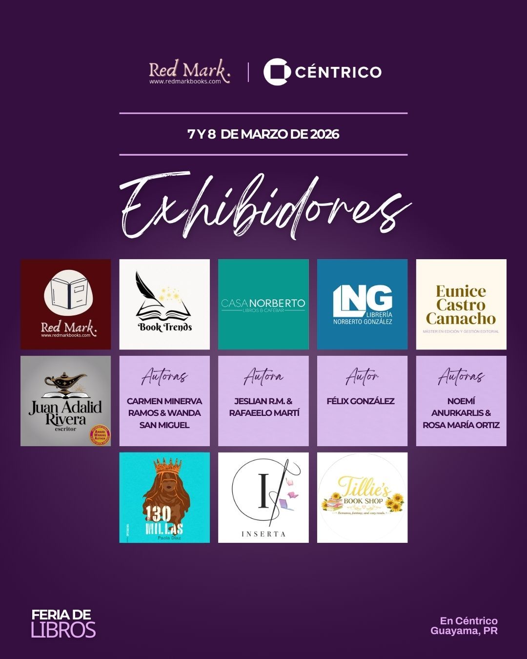Book fair with exhibitor logos.  Logos include Red Mark and Centrico, with dates, "Exhibidores," and other logos.