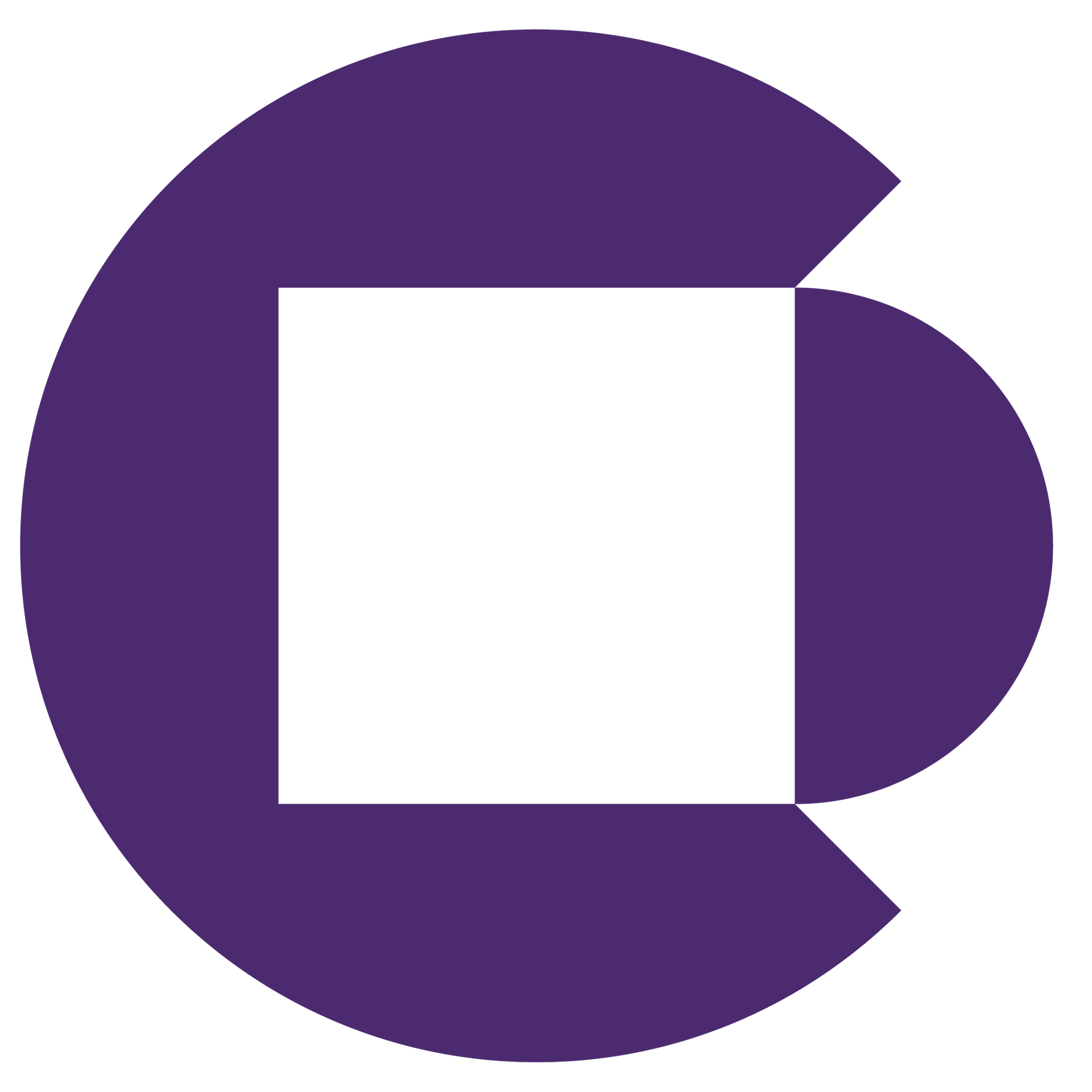 Purple circular logo with a square and partially cut circle inside.