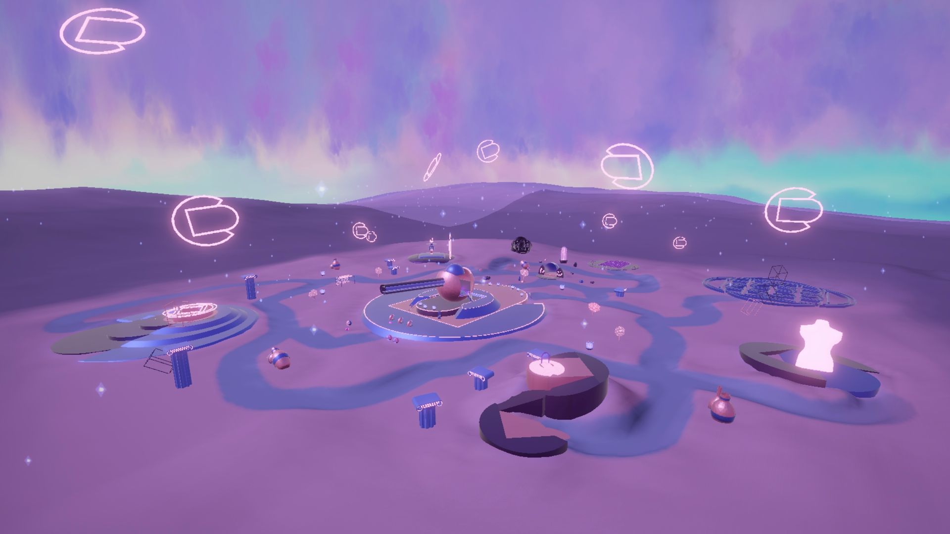 A dreamy, purple landscape with floating symbols and structures.
