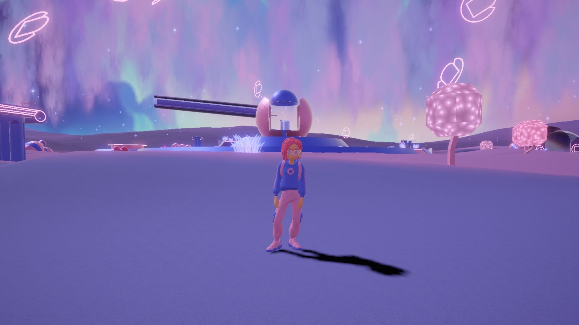 A person stands in a colorful, ethereal landscape with glowing trees and a large object, possibly a craft.