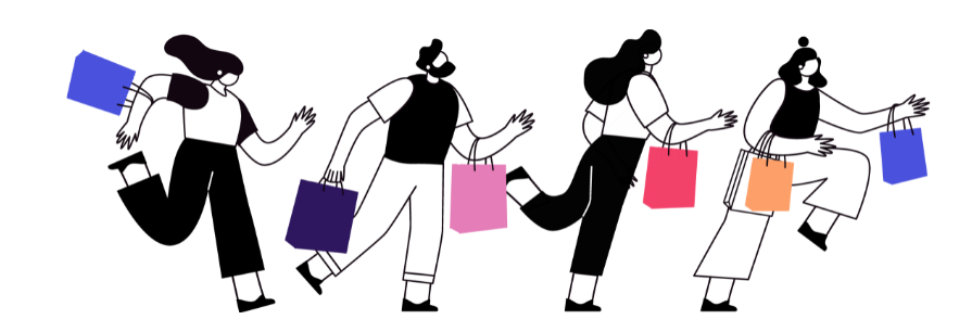 People running, holding shopping bags in a line.