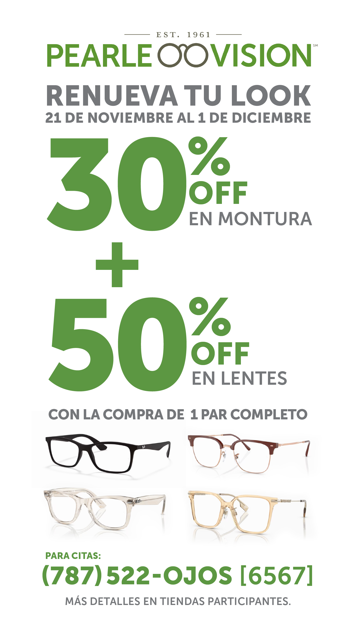 Pearle Vision ad: 30% off frames, 50% off lenses, Nov 21-Dec 1. Includes eyeglasses and phone number.