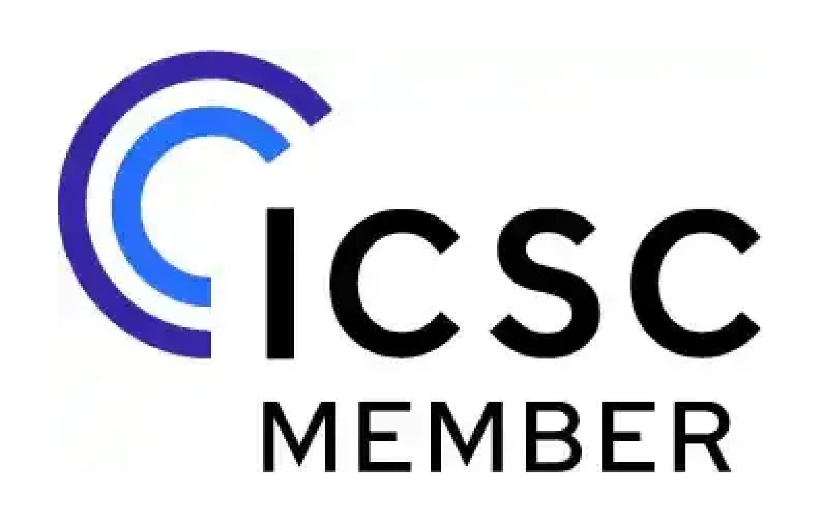 Logo of ICSC, with three blue arcs and the letters ICSC in black, the word MEMBER below.