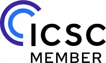 Logo of ICSC, with three blue arcs and the letters ICSC in black, the word MEMBER below.