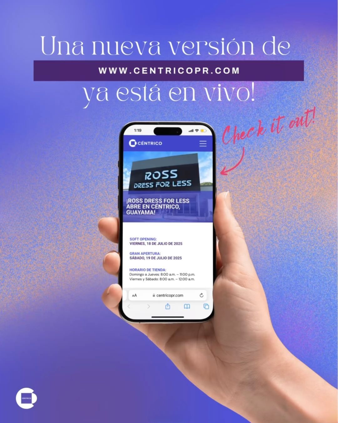 Hand holding a phone displaying a website: A new website, www.centrigopr.com, is live. Purple, blue background.