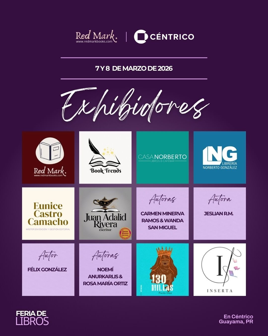 Purple poster for a book fair with exhibitor logos.  Logos include Red Mark and Centrico, with dates, "Exhibidores," and other logos.