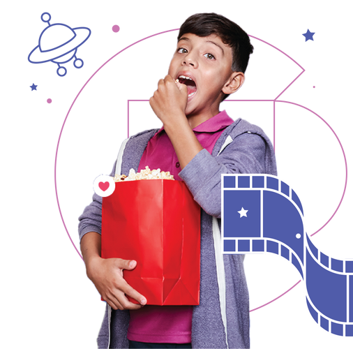 Boy eating popcorn, holding a red bag, with an open mouth, near film reel.