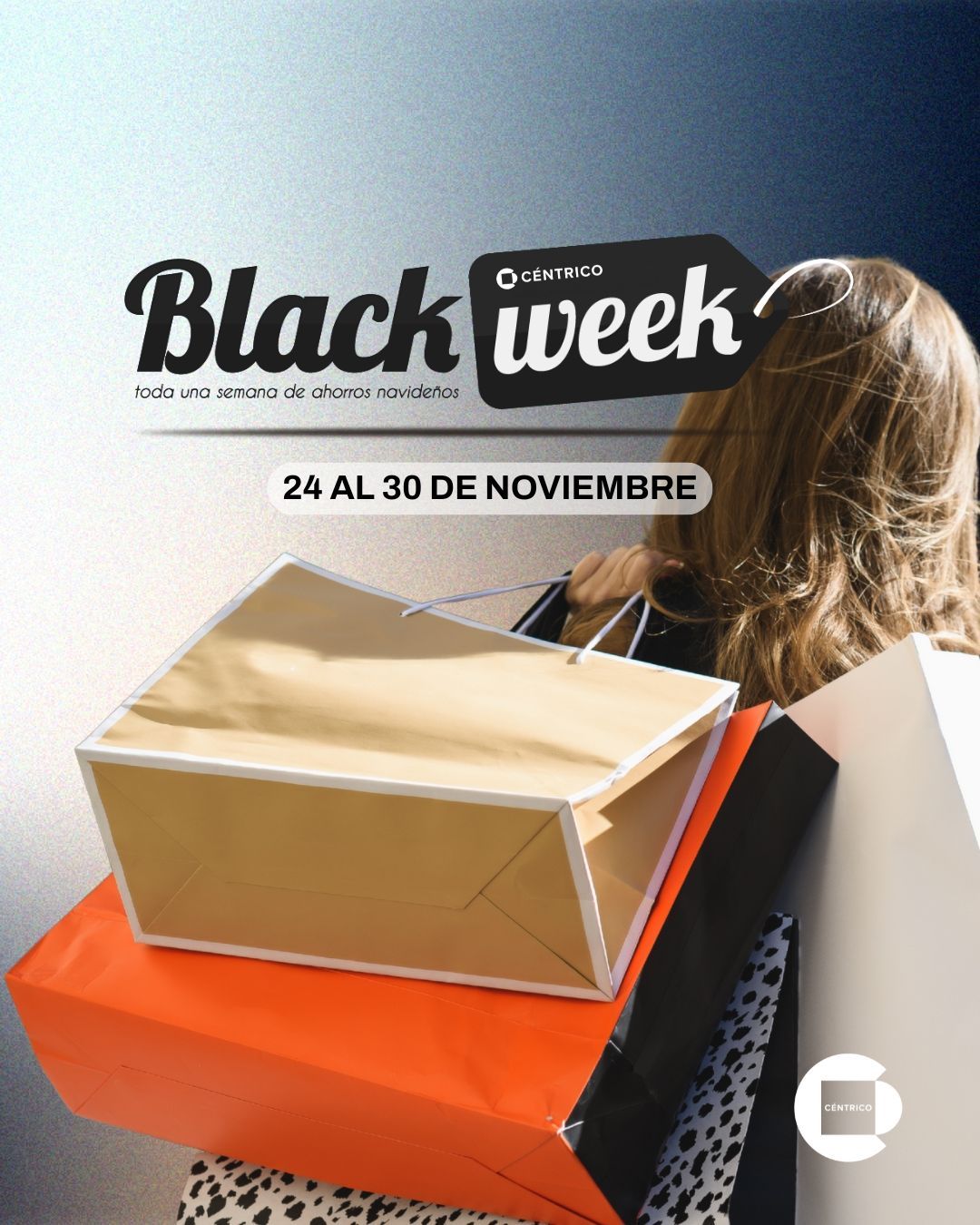 Black Week sale ad with shopping bags and text